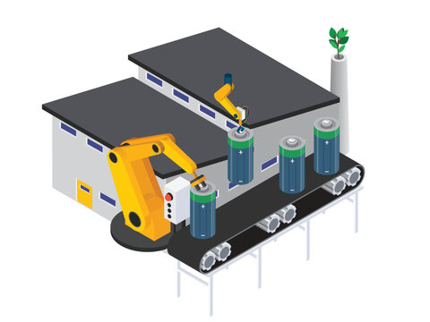 Automated Battery Factory with Robotic Arms and Conveyor Belt 3d isometric vector illustration