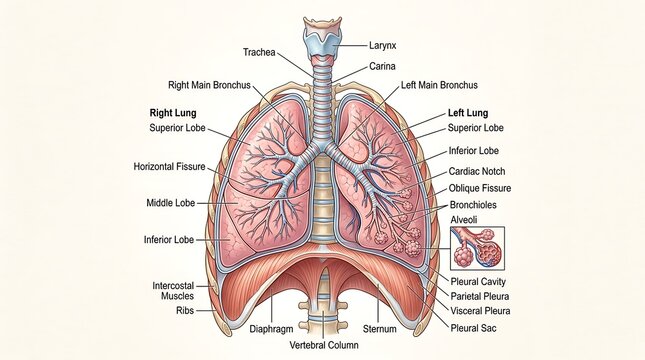 Detailed anatomical diagram of the human lungs with labeled parts