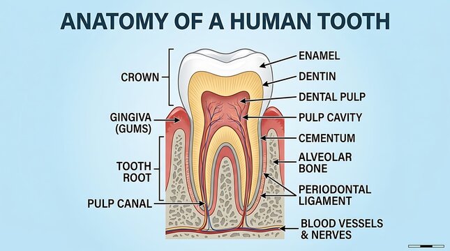 Anatomy of a human tooth with labeled parts and structures, structure