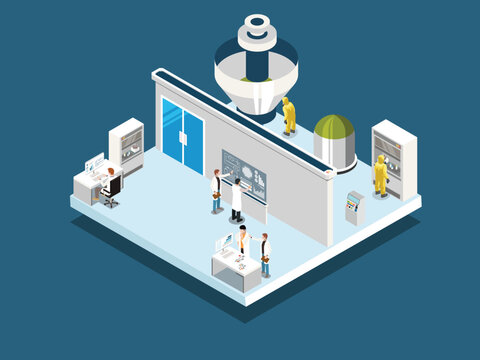 Nuclear Power Plant Control Room with Scientists and Hazmat Technicians at Laboratory 3d isometric vector illustration