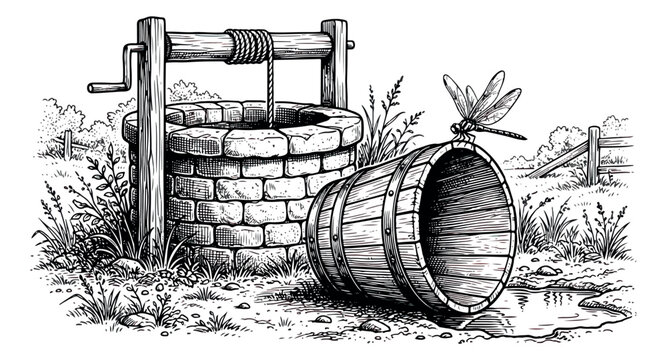Vintage hand-drawn stone well with wooden bucket, rustic countryside wishing well illustration, black and white sketch of farm water source