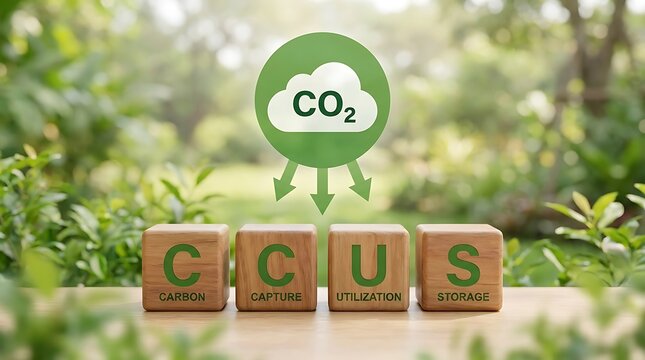 Ccus concept carbon capture utilization and storage with co2 emission cloud over wooden blocks