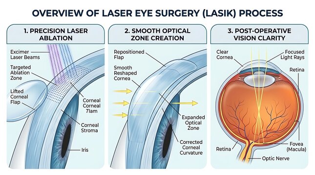 Diagram of laser eye surgery process with three stages: laser ablation