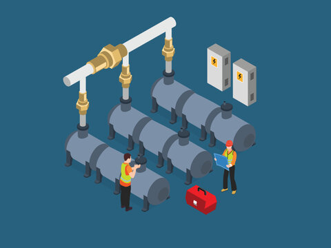 Industrial Plant Pipeline System and Engineers Working 3d isometric vector illustration