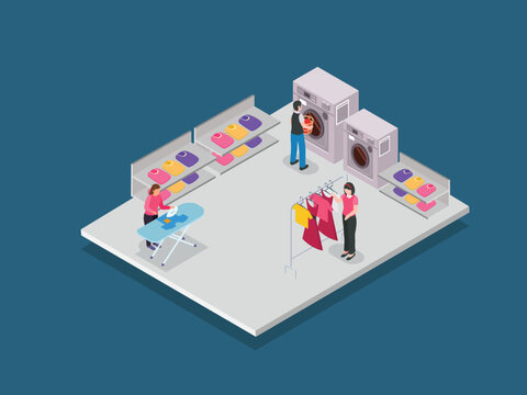 Laundromat Interior with People Washing and Ironing Clothes 3d isometric vector illustration