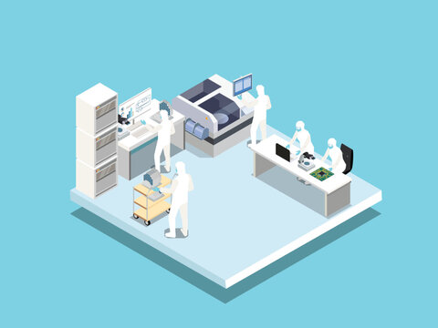 Semiconductor Cleanroom Laboratory with Scientists in Hazmat Protective Suits 3d isometric vector illustration
