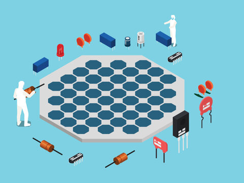Semiconductor Silicon Wafer Production with Scientists and Electronic Components 3d isometric vector illustration