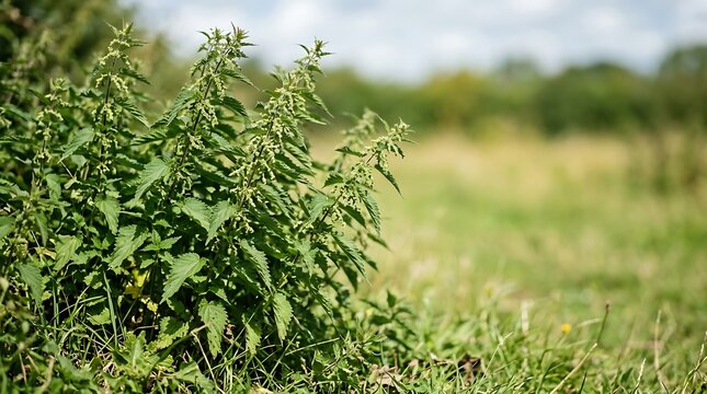 Common stinging nettles growing in a sunny green field