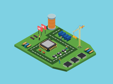 Circuit Board Construction Site with Miniature Workers and Crane 3d isometric vector illustration