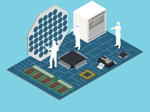 Semiconductor Fabrication on Circuit Board with Scientists and Silicon Wafer 3d isometric vector illustration