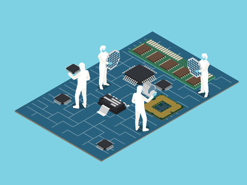 Semiconductor Chip Manufacturing with Scientists on Circuit Board 3d isometric vector illustration