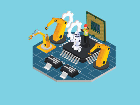 AI Robotics and Smart Factory Automation with Circuit Board and Engineer 3d isometric vector illustration