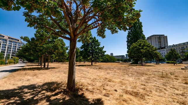 Vertrockneter Stadtpark mit trockenem Rasen w&auml;hrend extremer Sommerhitze
