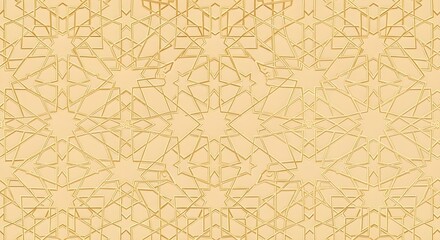 Fototapeta premium Seamless Islamic geometric pattern featuring intricate 3D embossed gold-toned lines forming star-shaped motifs and interlocking polygonal shapes on a neutral beige background.