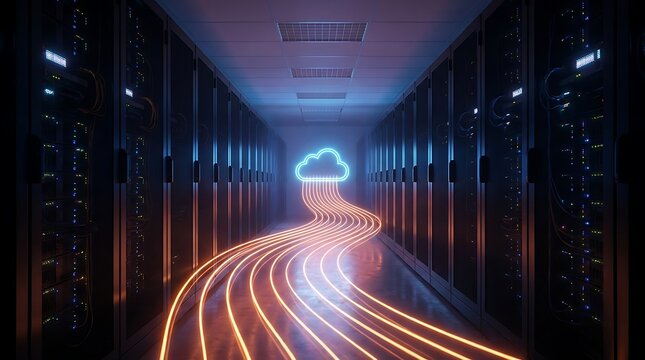 Data center corridor with glowing cloud icon and light trails representing data flow and connectivity