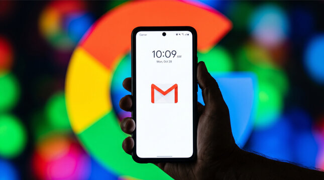 Closeup of a hand holding a smartphone displaying the Gmail app logo on the screen in front of a blurred Google G icon background with bokeh, representing mobile communication and email services.