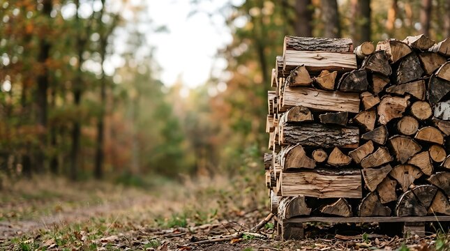 Stacked firewood on a pallet in a scenic autumn forest