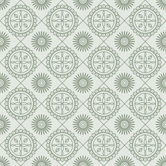 Fototapeta premium Geometric Mandala Seamless Pattern with Sun and Floral Motif, Ornament Line Art Vector Background