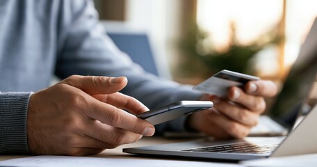 Fototapeta premium Man paying with smartphone and credit card while using laptop