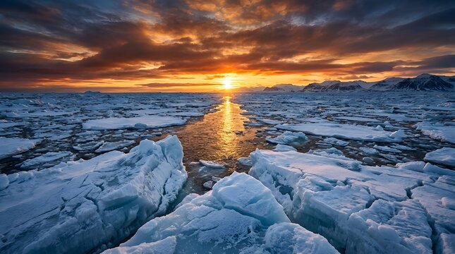 Dramatic arctic landscape with ice floes reflecting a vibrant sunset over frozen waters