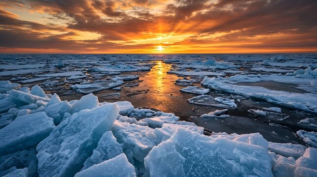 Dramatic arctic seascape with ice floes reflecting a vibrant sunset over the ocean