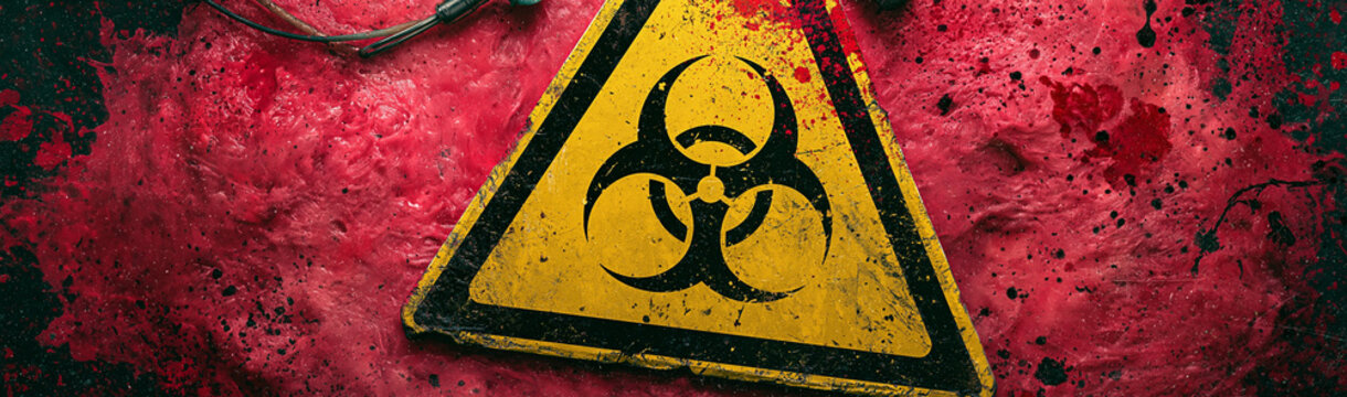 Biohazard Symbol and Blood Splatter: A stark yellow biohazard symbol warning of danger is set against a gruesome backdrop of red blood splatters, evoking a sense of emergency and threat.