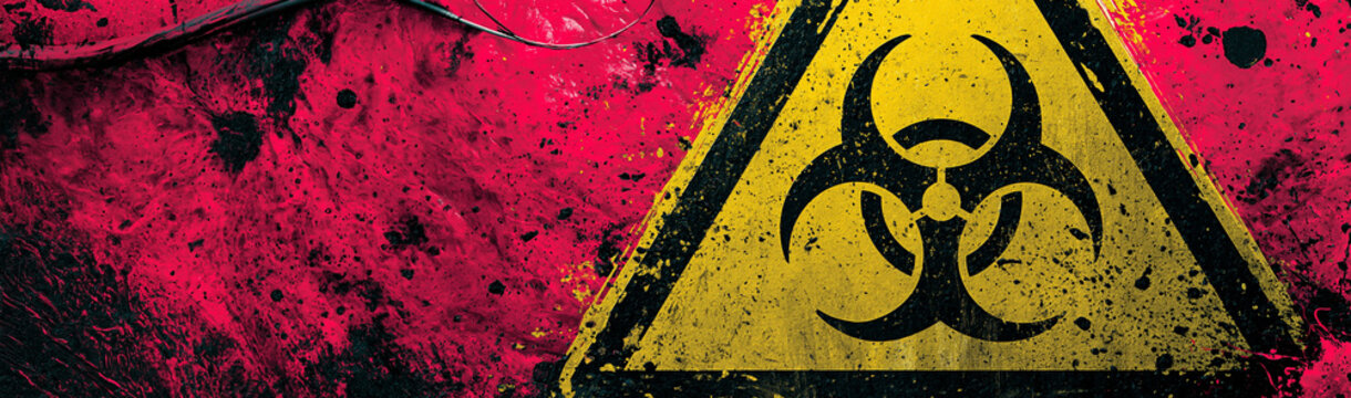 Biohazard Warning Sign: A stark yellow biohazard symbol, outlined in black, is prominently displayed on a distressed, gritty red background, conveying a message of extreme danger and contamination.