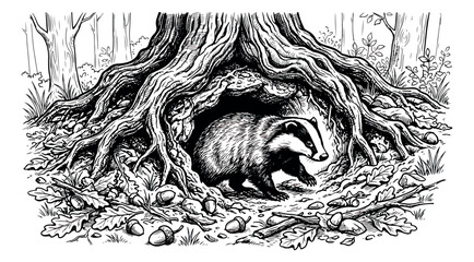 Vintage woodcut badger illustration, wild animal emerging from a forest den under tree roots, black and white line art of a badger in its burrow © sajida