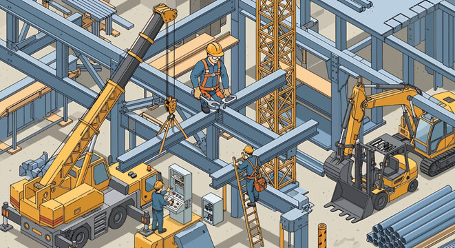 Yellow construction equipment on site.