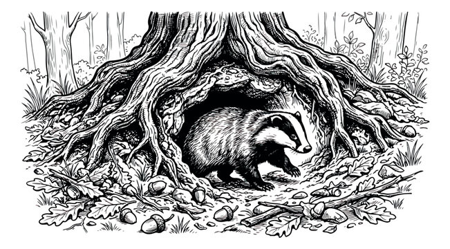 Vintage woodcut badger illustration, wild animal emerging from a forest den under tree roots, black and white line art of a badger in its burrow
