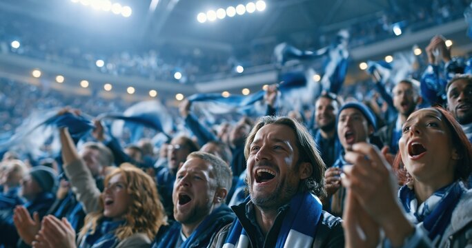Celebrating football fans cheering in stadium under lights