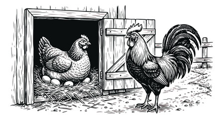 Vintage woodcut chicken illustration, rustic rooster and hen in barn coop, hand drawn farm animals with eggs in nest, black and white vector engraving © sajida