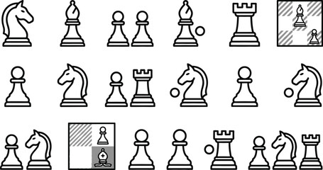 Chess Game Strategy and Tactics Outline Icon Set with Rook Bishop Knight Pawn and Board Grid Vector Line Symbols © Farid