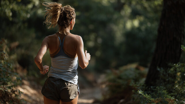 Trail runner woman forest path adventure running outdoor fitness athletic back view along sunlit woodland trail