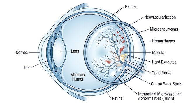Diagram of the human eye with labeled parts and structures