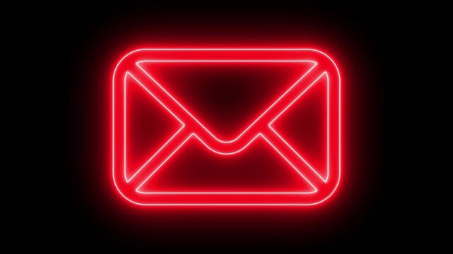 Glowing red neon mail envelope animation on black background, for digital communication
