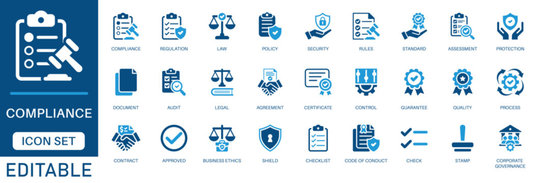 Compliance icon set. featuring corporate governance, regulation, business ethics, law, policy, audit, contract, agreement, and quality control in a blue flat design.