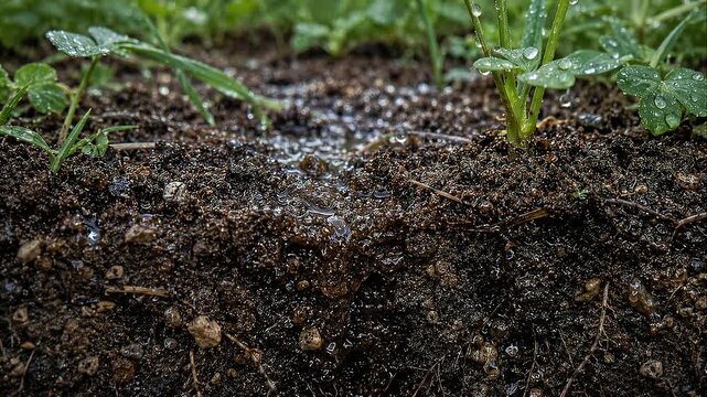 Seedling ecosystem based farming scene with wet soil water droplets nurturing young plant roots ecosystem based farming soil irrigation pouring water