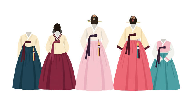 Vector illustration of five colorful Korean traditional Hanbok dresses for women arranged in a row, featuring Chogori jackets and long Chima skirts on a white background.