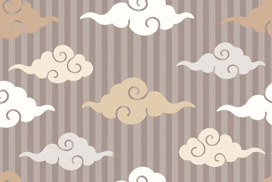 Seamless pattern of stylized decorative clouds in soft neutral tones and swirls over a background of vertical grey and tan stripes.