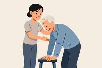Obraz premium Caring young woman helping an elderly man use a small stool for support and mobility in a simple illustration style.