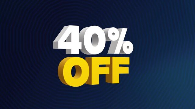 Animated 40 percent off for promotional and marketing. 40 percent off sale promotion animation. 40% off sale promotion video 4K. 40% Sale Video. 3D 40% Off Text Animation. 40% Off Promotion Video.