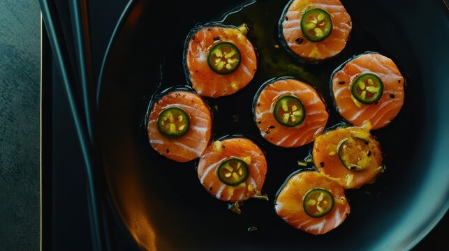 Overhead shot of sushi-style appetizers on black plate with chopsticks. Salmon and jalape?os