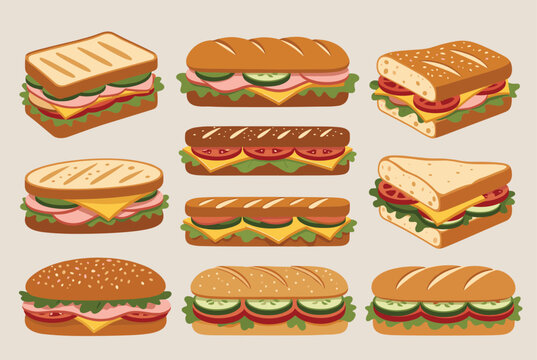 Detailed illustration of nine different types of sandwiches and subs including panini burgers and long baguettes.