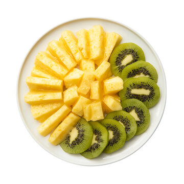 Fresh sliced pineapple and green kiwi fruit on a round plate