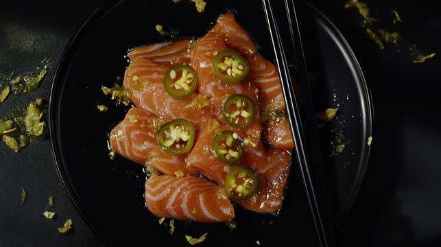 Salmon sashimi with jalape?os and chopsticks on a black plate, overhead shot