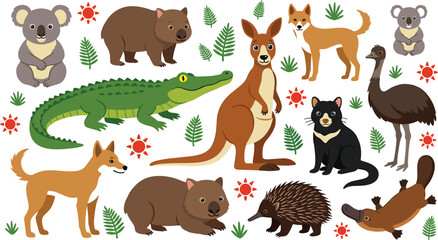 Fototapeta premium Australian Native Animals and Wildlife Clipart Set with Kangaroo Koala Wombat Platypus Crocodile and Dingo Vector Graphic Designs