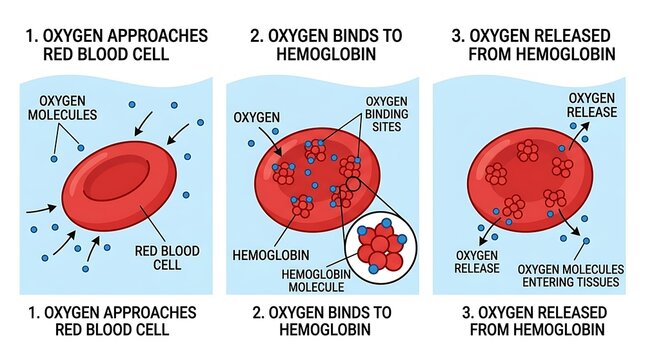 Illustration of oxygen binding to hemoglobin within a red blood cell