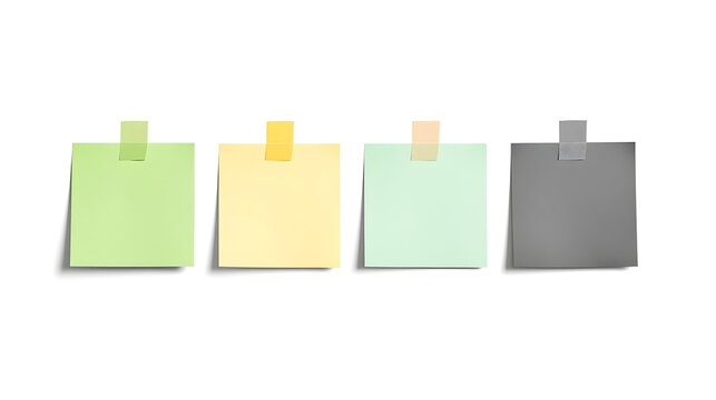 minimalist layout with four square sticky notes aligned horizontally against a white background. Each note is secured with a piece of tape at the top. The first note is green with a slightly textured 