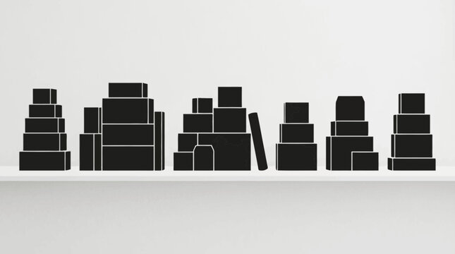 A collection of various stacked black rectangular boxes arranged on a shelf.